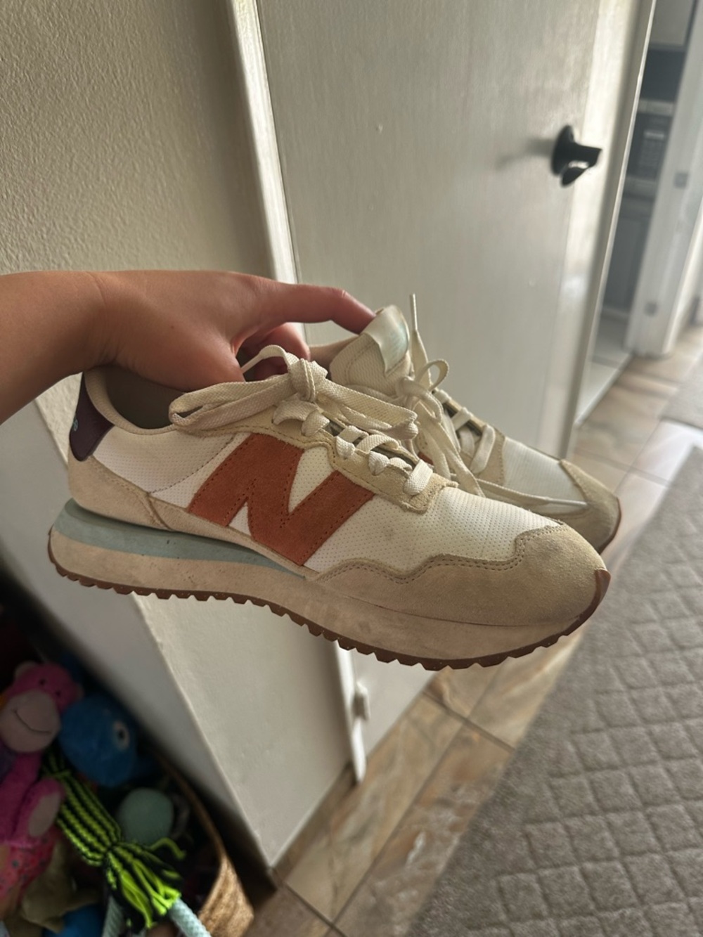 Neutral Retro New Balance Sneakers with Rust Accent